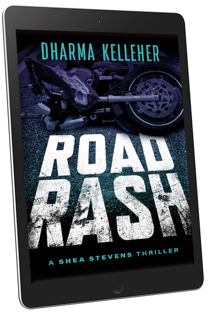 The ebook version of Road Rash, book 4 in the Shea Stevens outlaw biker series, on a tablet. 